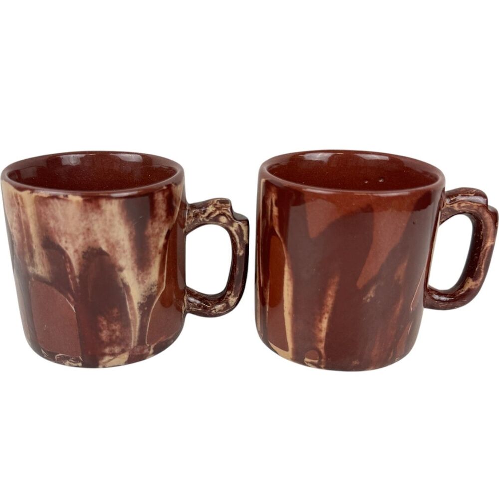 Vintage Clays In Calico Rustic Brown Drip Glaze Small Coffee Mugs Signed 1994
